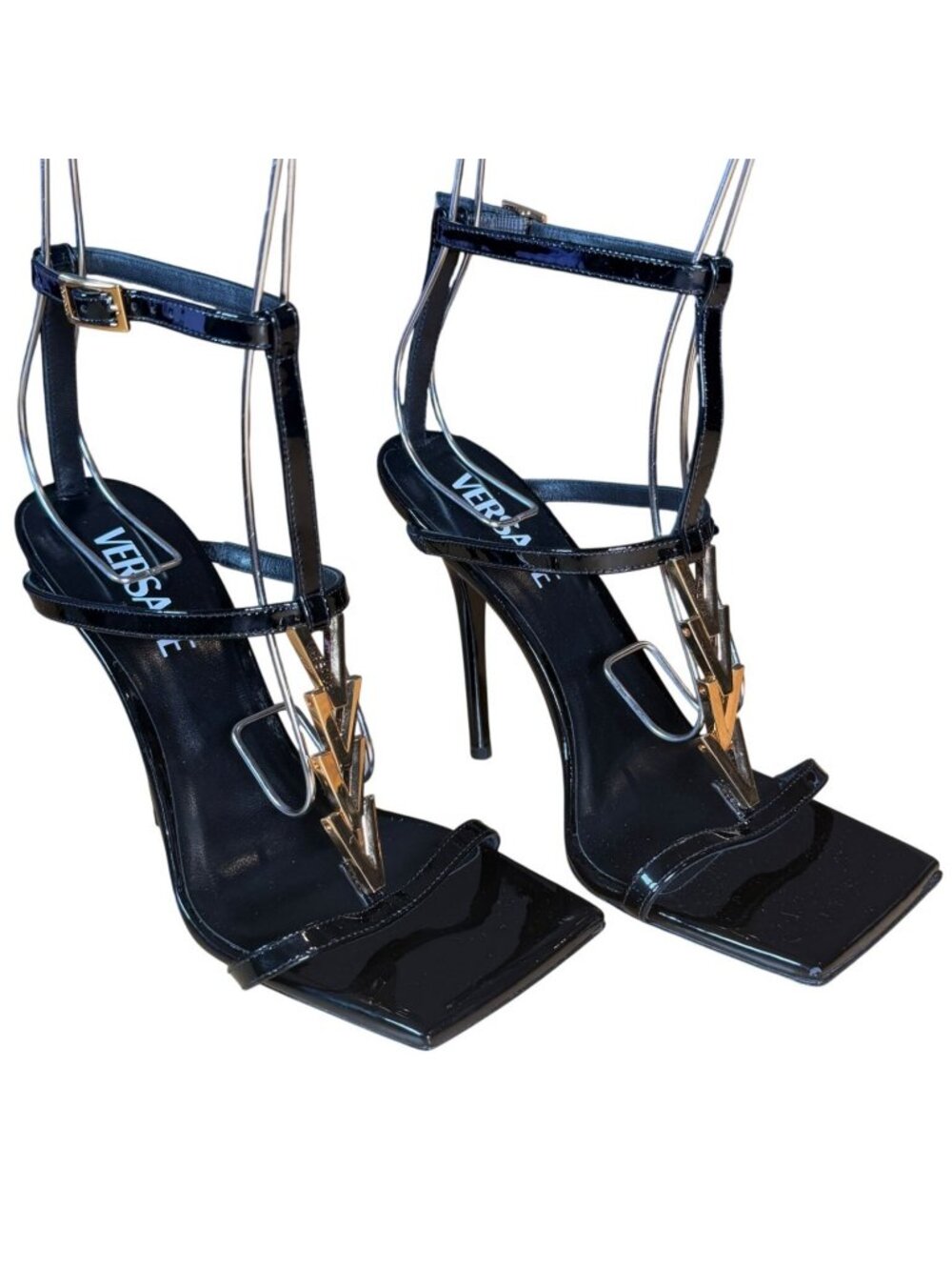 Versace Black V2025 Chain Patent 105 mm Heeled Sandals Size EU 37.5 US 7.5